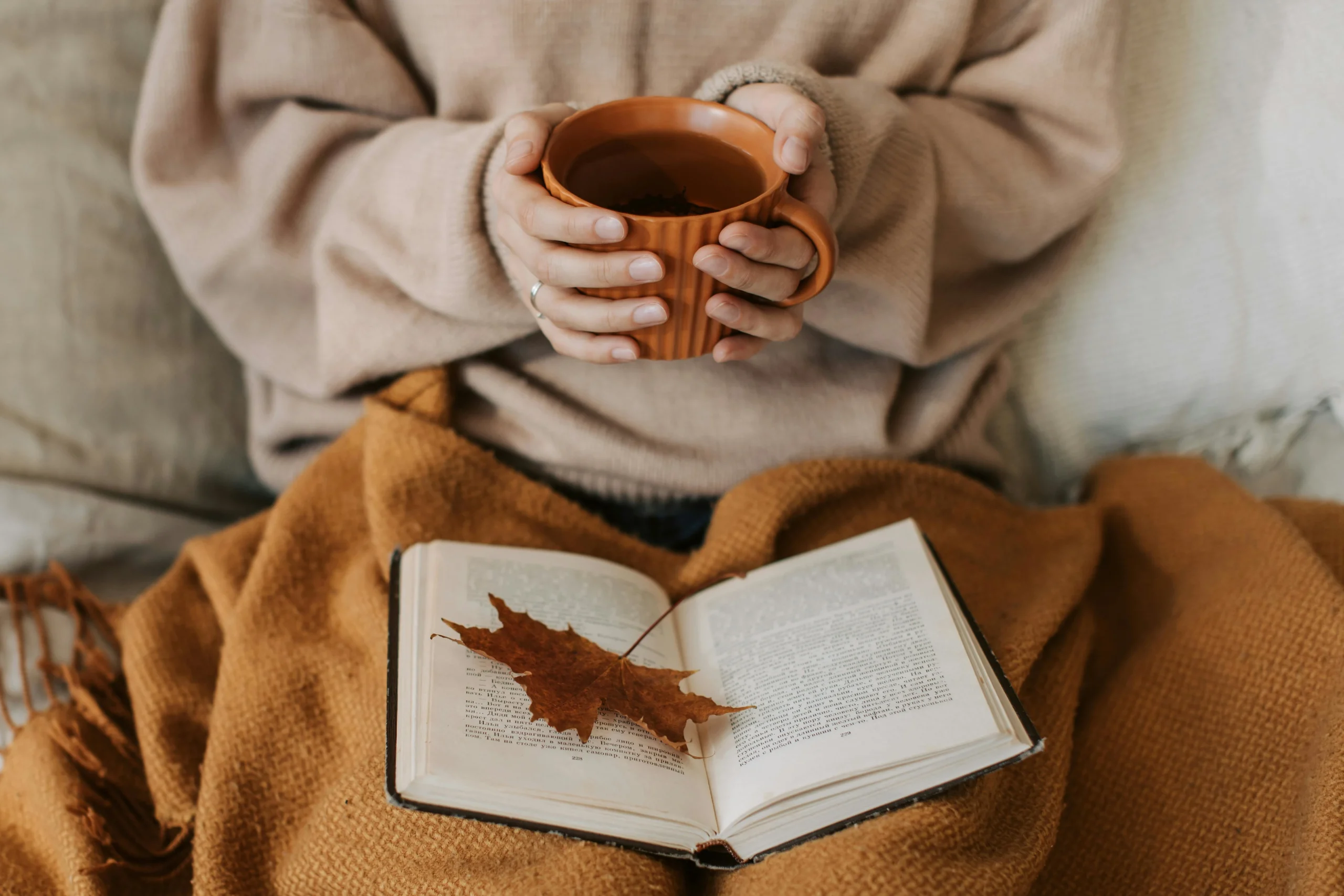 Moment d’automne — boisson, lecture et ambiance cosy